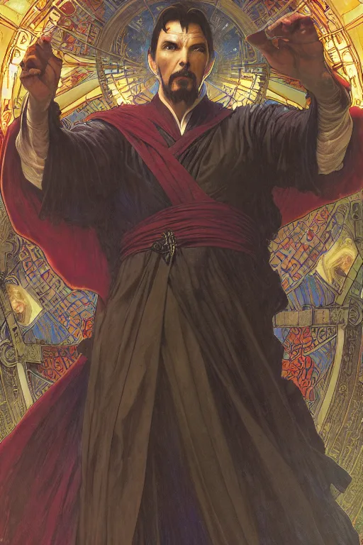 Image similar to Epic Dr. strange lit by dark evil magic portal, amazing colour harmony and variation, simple background, by Donato Giancola, William Bouguereau, John Williams Waterhouse and Alphonse Mucha