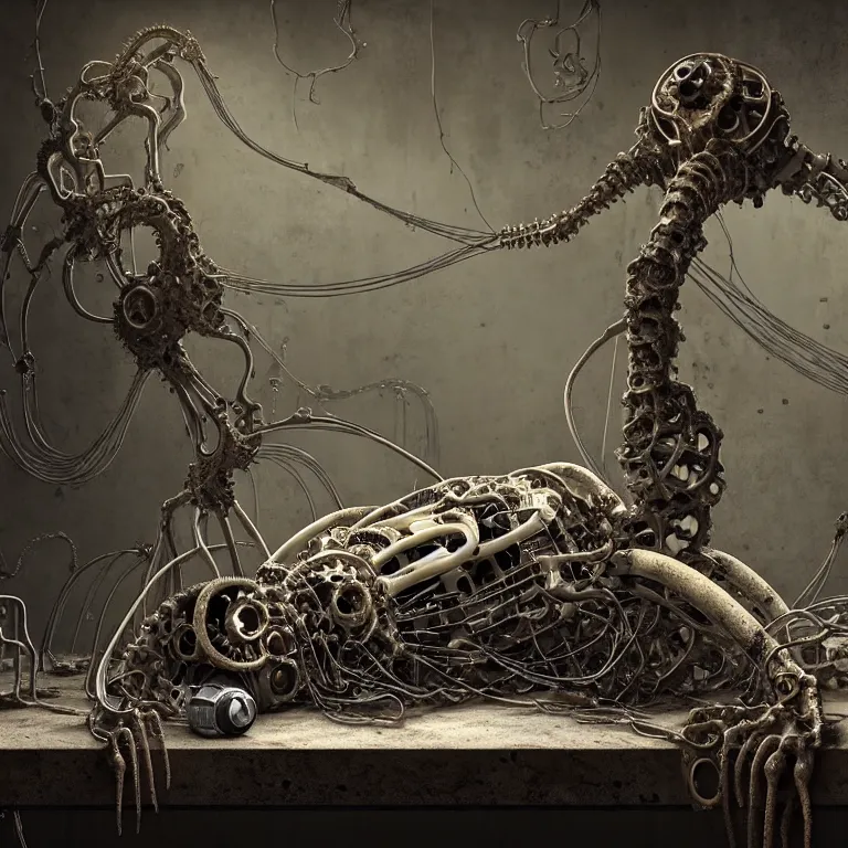 Image similar to still life of abandoned biomechanical robot laying on a table, white human spine, covered with tentacles, roots, wires, tubes, baroque painting, standing in a desolate empty wasteland, creepy, nightmare, dream-like heavy atmosphere, surreal abandoned buildings, baroque painting, beautiful detailed intricate insanely detailed octane render trending on Artstation, 8K artistic photography, photorealistic, chiaroscuro, Raphael, Caravaggio, Beksinski, Giger