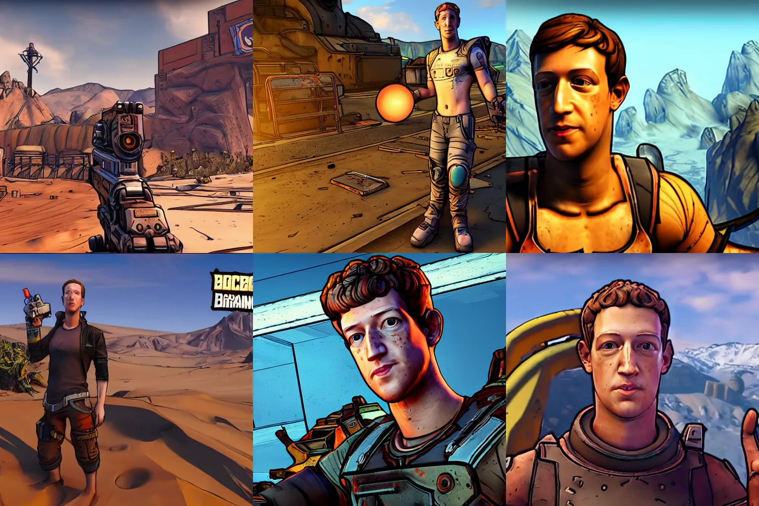 Prompt: Screenshot of Mark Zuckerberg in Borderlands 3