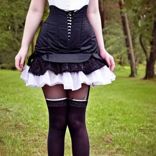 Image similar to full-length photo of cute beautiful 18 year old girl in skirt, thigh highs and corset