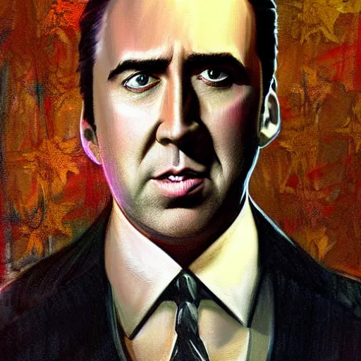 Image similar to nic cage as lex luther, buff, painted portrait, highly detailed,