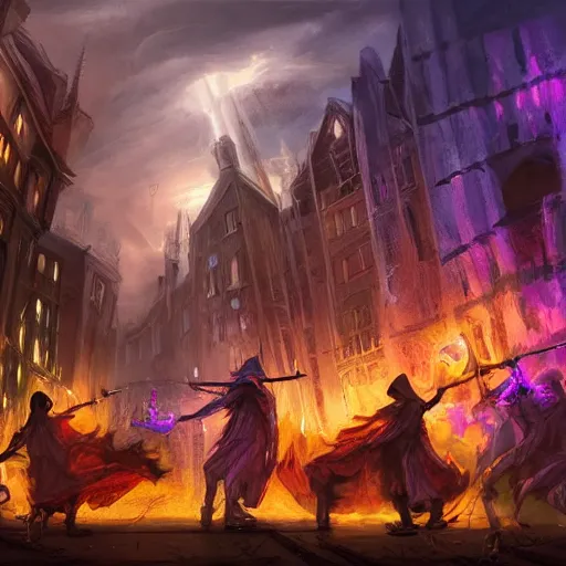 Image similar to A photo of a few sorcerers holding magic staffs and attacking people on the street with thunders, in the downtown, fire from sky, blue lightnings, dramatic purple thunders, golden meteors, war, dramatic shadows, powerful photo, magic, dramatic lighting, intricate, wild, highly detailed, digital painting, artstation, concept art, smooth, sharp focus, illustration, art by artgerm and greg rutkowski and alphonse mucha, footage