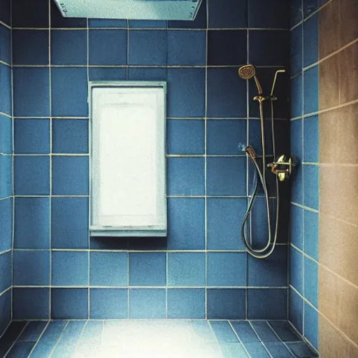 Image similar to a Polaroid photo of a shower that has a water pump and heater connected to it so the water flows from the drain back in to the shower head, beams of light, nostalgic