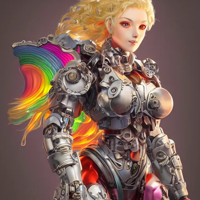 Prompt: studio portrait of lawful good rainbow colorful female holy mecha paladin absurdly beautiful, elegant, mature blonde gravure idol, ultrafine hyperrealistic detailed face illustration by kim jung gi, highly detailed symmetrical faces, intricate linework, sharp focus, bright colors, matte, octopath traveler, unreal engine 5 highly rendered, global illumination, radiant light, intricate environment