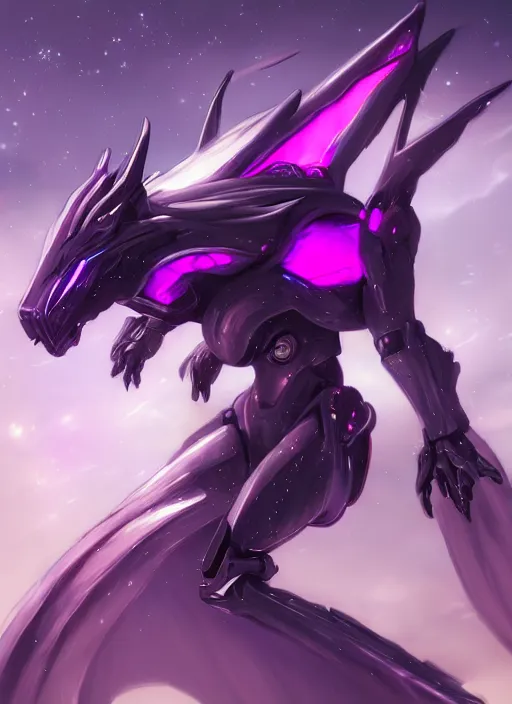 Image similar to cinematic full body, cosmic sized beautiful stunning elegant hot giant robot mecha female dragon goddess, sharp sleek cyborg dragon head, sharp metal ears, smooth purple eyes, smooth fuschia skin, smooth silver armor, nebula, epic proportions, epic scale, macro furry, furry art, dragon art, goddess art, giantess art, warframe fanart, furaffinity, octane