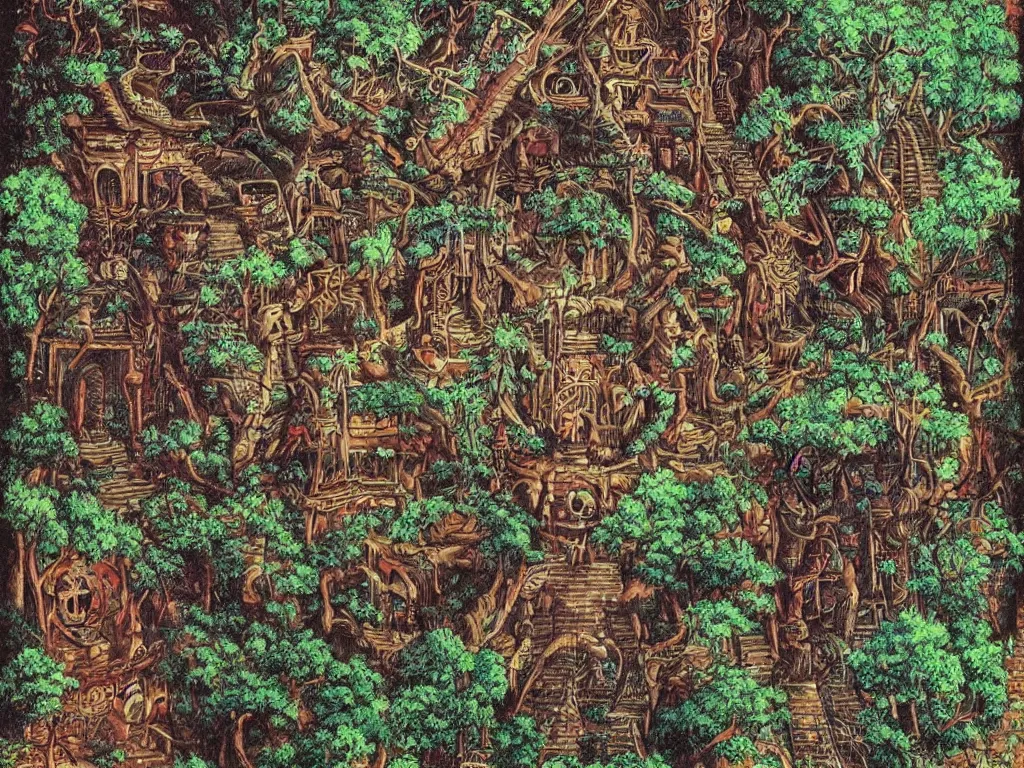Prompt: high ancient elves house in forests in an Aztec Mayan futuristic artwork