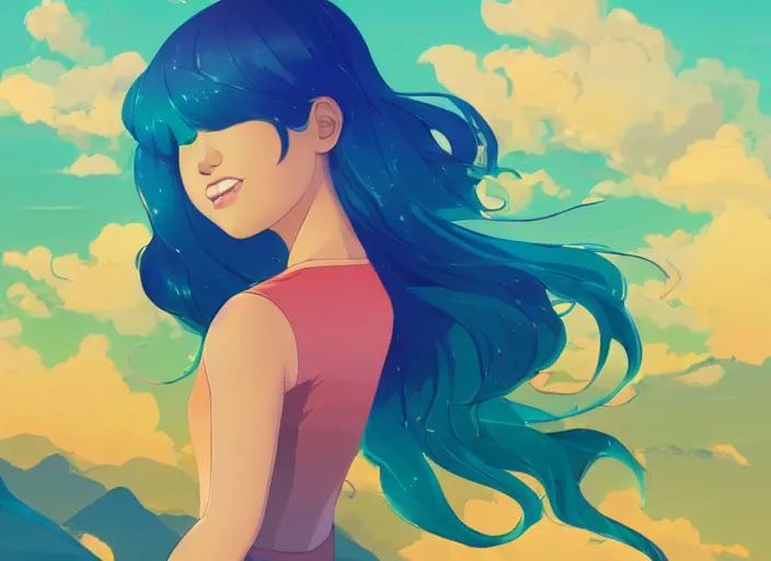 Prompt: a beautiful young woman with rainbow hair standing on a clifftop. clean cel shaded vector art. shutterstock. behance hd by lois van baarle, artgerm, helen huang, by makoto shinkai and ilya kuvshinov, rossdraws, illustration, art by ilya kuvshinov