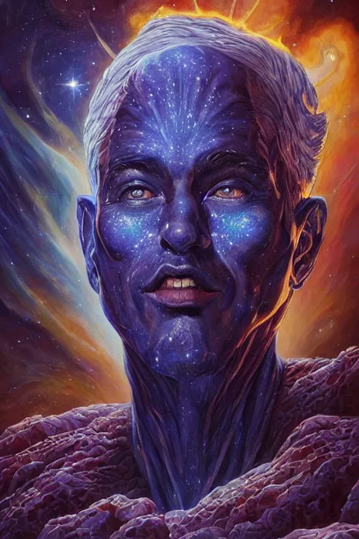 Prompt: beautiful oil painting with high detail of a wise Space ent((((((((((((((smirking)))))))))))))) made of stars and plasma, hybrid from dungeons and dragons and art direction by James Cameron ;by artgerm; wayne reynolds art station; cinematic quality character render; ((low angle)); ultra high quality model; production quality cinema model