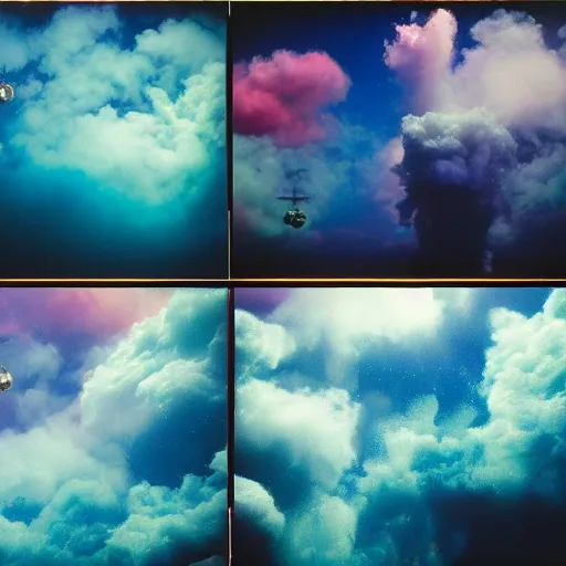 Image similar to film photography of a wooden space station in front of colourful underwater clouds by Kim Keever, low shutter speed, 35mm