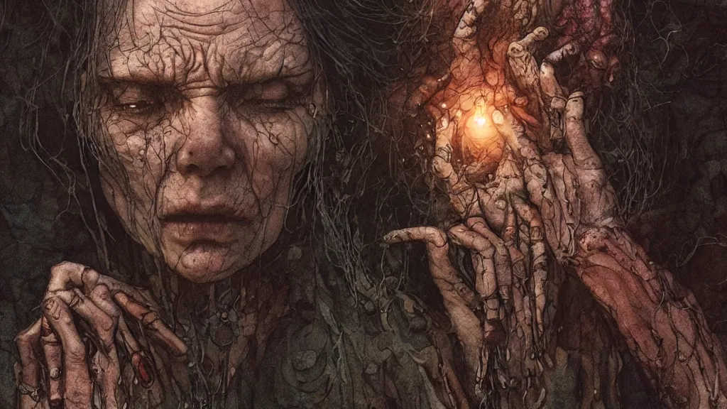 Image similar to a person conjuring!!! an image!!! from of noise!!!, by arthur rackham, marc simonetti, and diego gisbert llorens, cinematic closeup!!, accurate facial details, colorful, intricate, chaotic, fantasy realism, hopeful, 8 k render, volumetric lighting