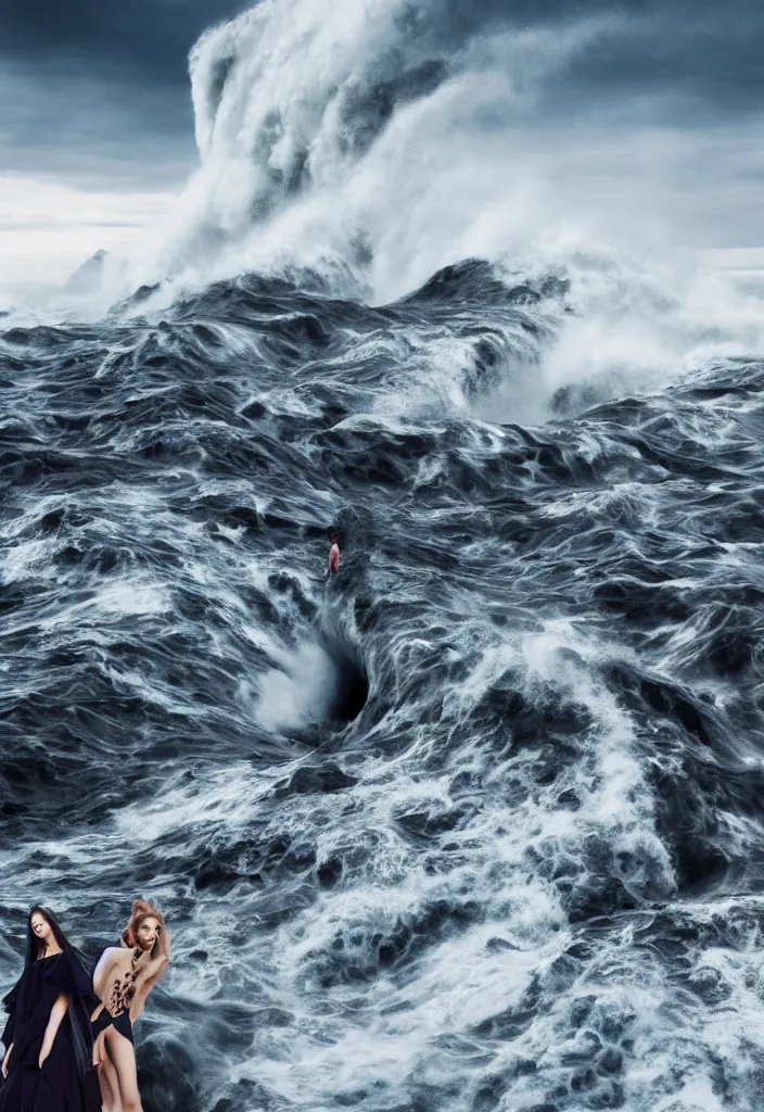 Image similar to fashion editorial in front of a giant tsunami wave. wide angle shot. highly detailed.