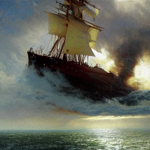 Image similar to detailed cinematic wide shot of swedish sea captain back view seeing his world war 2 battle ship attacking denmark, ultra realistic, spring light, painting by gaston bussiere, craig mullins, j. c. leyendecker