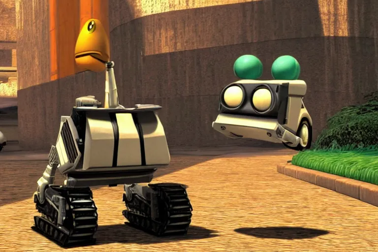 Image similar to wall - e in super mario 6 4, heavy detailed, ultra high definition quality, yakuza game engine graphics