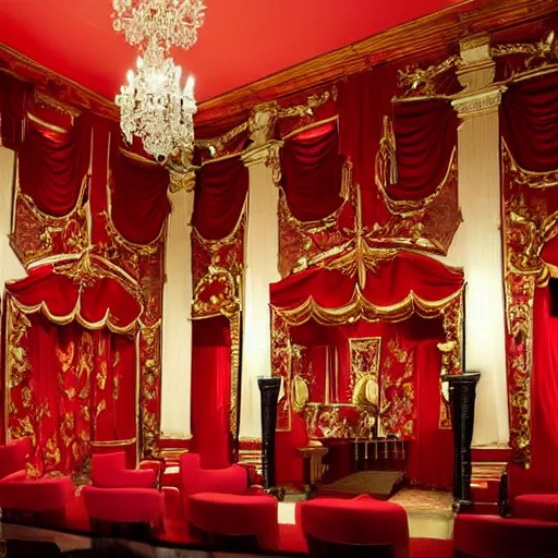 Prompt: an opera scenography of a barroque room, red color scheme.