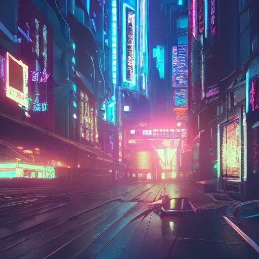 Prompt: cyberpunk street at nighttime, intricate artwork by Tooth Wu and wlop and beeple, octane render, hyper realism, 8k