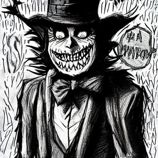 Prompt: a Pop Wonder scary horror themed goofy-hilarious-character Jack-Frost-Babadook-scarecrow-madhatter-williewonka-wearing a scarf, 3-piece-suit, dime-store-comic drawn with charcoal and pen and ink, half-tone-line-stacking