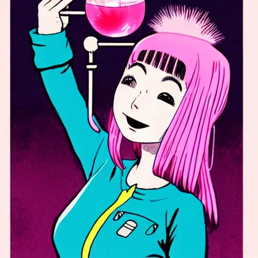 Image similar to realistic dark retro pulp sci - fi colored manga illustration of princess bubblegum by junji ito, with pink hair made of bubblegum, confident scientist performing experiments in her lab