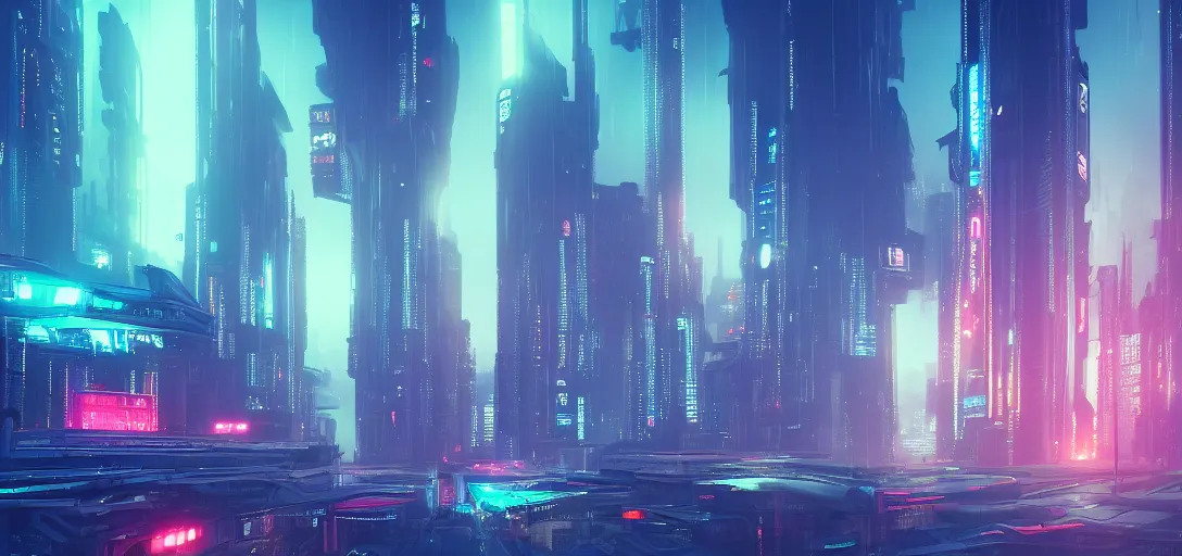 Image similar to view from the ground of a futuristic blade runner cyberpunk city, neon, horizon, fog, light rays, symmetry, cinematic lighting, ultra detailed, sharp, ambient occlusion, bloom, raytracing, by greg rutowski, paul chadeisson and jessica rossier