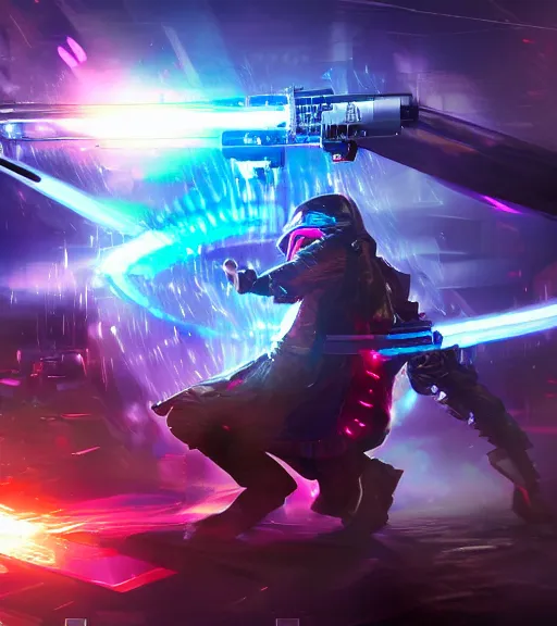 Image similar to a man in a holographic cloak firing a mechanical gatling gun, character splash art, fighting pose, action pose, digital painting, WLOP, trending on artstation, 8k, epic composition, highly detailed, sharp focus