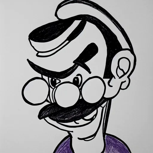 Prompt: continuous single line contour - drawing of waluigi, pen on white paper