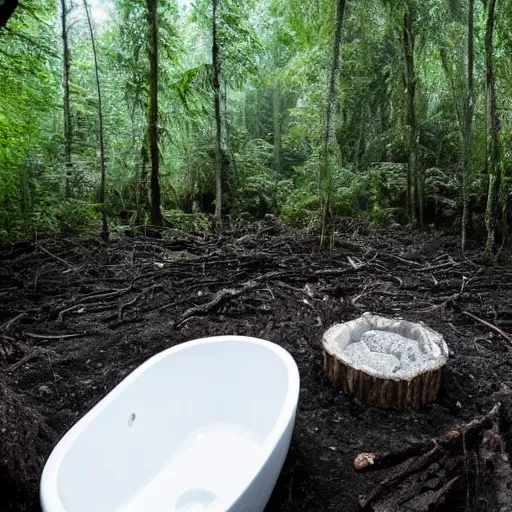 Image similar to pristine porcelain bath filled with bubbles in a clearcut rainforest, slash and burn, cleared forest, deforestation, tree stumps, smouldering charred timber