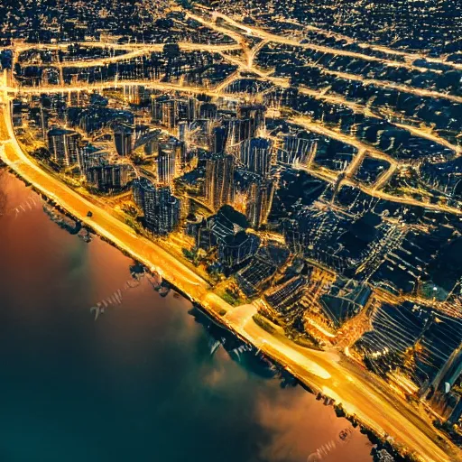 Prompt: a beautiful photo of a tropical palm tree surrounded by water. digital art : fast and furious aerial photography of a city skyscraper lit up with lights