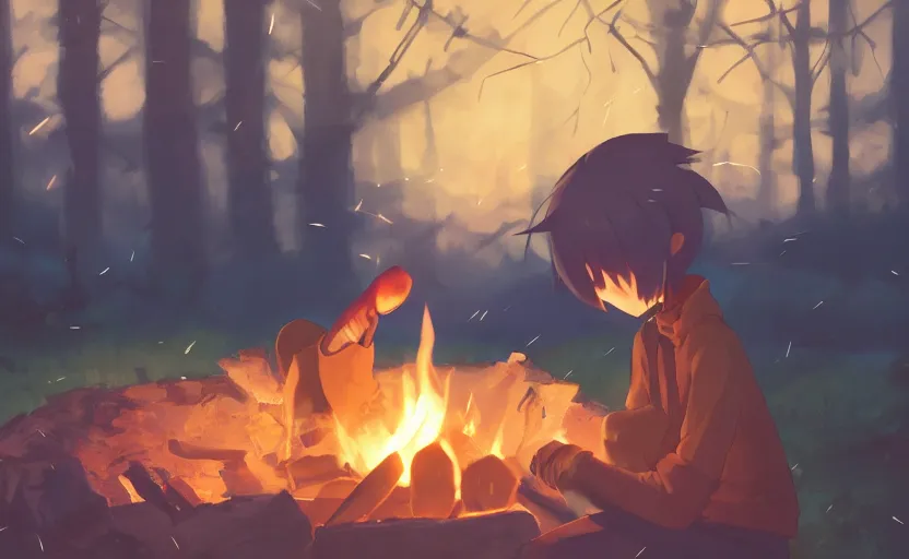 Image similar to a lonely girl roasting a marshmallow over a campfire at night on the Appalachian Trail, warm and wholesome glow, anime scene by Makoto Shinkai, digital art, 4k