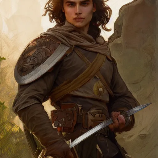 Image similar to portrait of a young rugged ranger holding his longsword up, hands, muscular, upper body, D&D, fantasy, intricate, elegant, highly detailed, digital painting, artstation, concept art, smooth, sharp focus, illustration, art by Artgerm and Greg Rutkowski and Alphonse Mucha