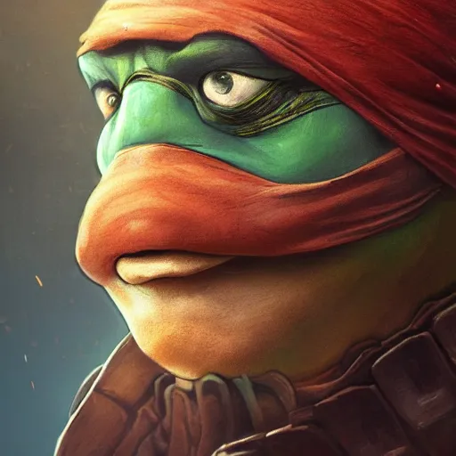 Image similar to teenage mutant ninja turtle, michelangelo, old, handsome, portrait, profile, intricate, detailed, volumetric lighting, scenery, digital painting, highly detailed, artstation, sharp focus, illustration, concept art, ruan jia, steve mccurry