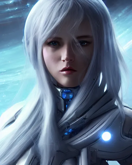 Image similar to perfect android girl on a mothership, warframe armor, beautiful face, scifi, futuristic, galaxy, nebula, raytracing, dreamy, long white hair, blue cyborg eyes, sharp focus, cinematic lighting, highly detailed, artstation, divine, by gauthier leblanc, kazuya takahashi, huifeng huang