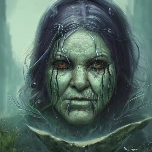 Image similar to fantasy portrait of an energetic old nurgle cultist woman with silky, cloudy grey hair, black scars on her face, swamp vegetation in the background, nocturnal palette, art by greg rutowski, raphael lacoste, eddie mendoza, artgerm, trending on artstation