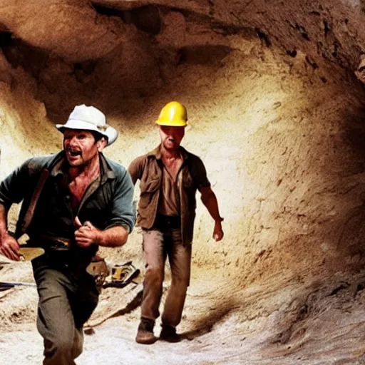 Image similar to indiana jones running away from a construction worker in a cave