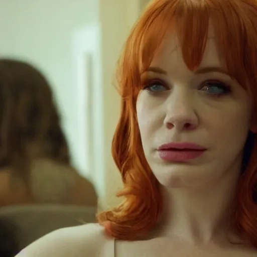 Image similar to amazing beautiful Christina Hendricks with an amazed look on her face in the living room, film still from the movie directed by Denis Villeneuve , wide lens