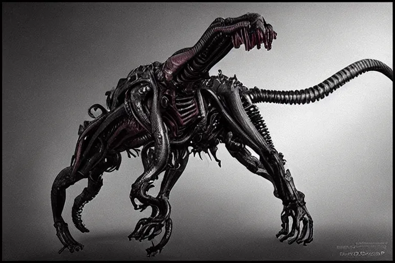 Prompt: a xenomorph dog, a dog designed by hr giger, a dog from the movie alien, hellish, nightmare, terror, horror, hell hound, dog nightmare, dog alien, movie footage, dramatic lighting, dramatic framing