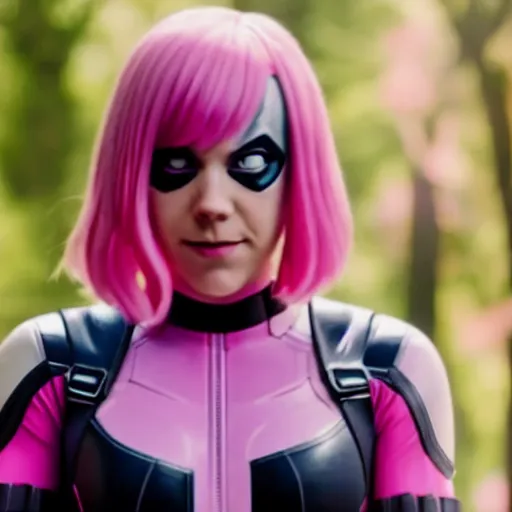 Image similar to A still of Gwenpool in Deadpool 3 (2023), no mask, blonde hair with pink highlights