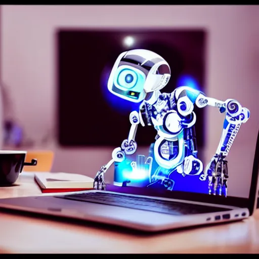 Prompt: beautiful robot works in front of a laptop