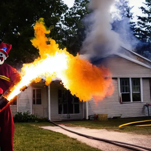 Image similar to photo of a clown using a flamethrower projecting a long bright flame towards a house fire