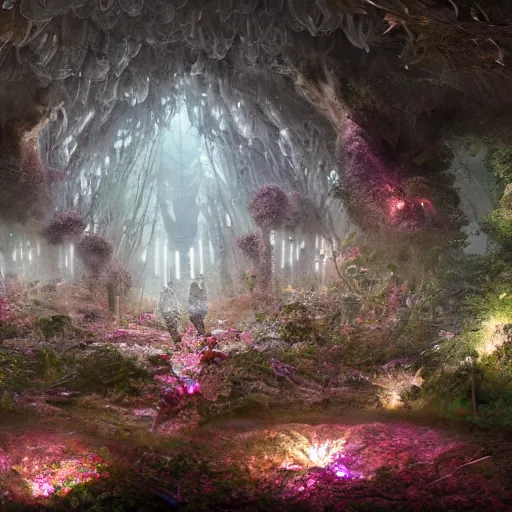 Prompt: biocomputer heart organ intertwined with white biocomputer flowers and biomechanical flowers in a cave robotic forest, intricate environment, matte painting, diffused lighting, highly detailed cinematic, atmosphere, diffused lighting, highly detailed digital art, trending on artstation, depth of field, wide angle