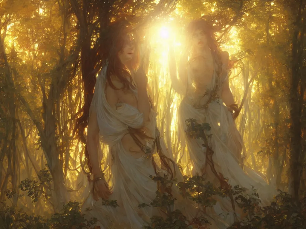 Prompt: divine forest of light, cinematic, ray of golden sunlight, alphonse mucha, greg rutkowski, trending on artstation, artgerm, breathtaking, smooth, mark arian, award winning