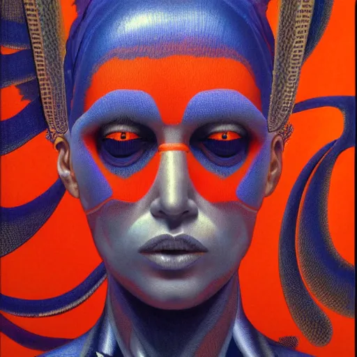 Prompt: frontal portrait of a woman with an orange and blue maximalist garment, by wayne barlowe
