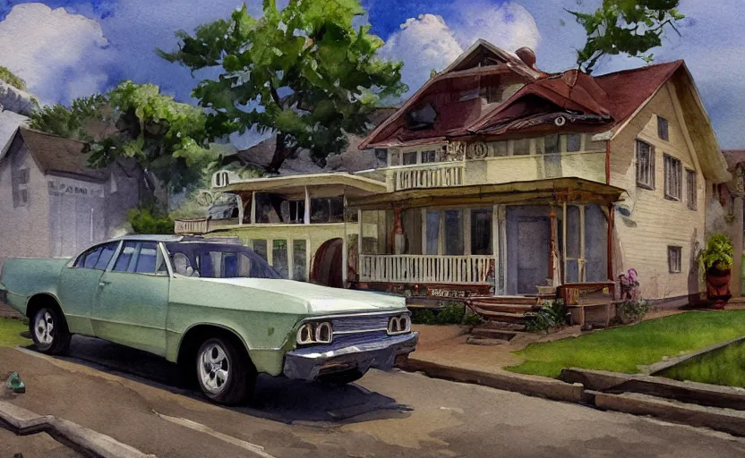 Image similar to a watercolor painting of a chevrolet opala parked near a 1 9 0 0 s house, digital painting, masterpiece, hyperrealistic, concept art, trending on deviantart, highly detailed, high quality, 4 k, symmetrical, low contrast, watercolor, warm, soft lighting, path traced, godrays, vintage, soft colors