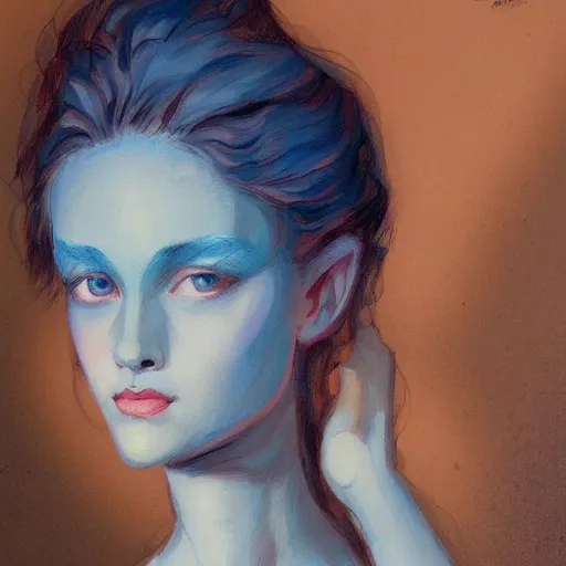 Image similar to a portrait in the style of charles dana gibson and in the style of peter mohrbacher. big blue eyes.