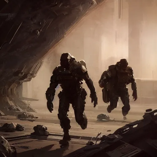 Image similar to concept art by greg rutkowski, soldiers in futuristic tactical gear, running around the outside of a space colony, futuristic, brutalistic environment, scifi, detailed and intricate environment, reddish lighting, stressful atmosphere, high technology, highly detailed portrait, digital painting, artstation, concept art, smooth, sharp foccus ilustration, artstation hq.