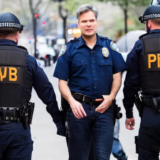 Image similar to fbi director Christopher wray getting arrested by police agents, photo 85mm, f/1.3