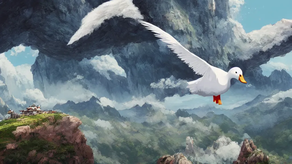 Image similar to Crowd surrounds giant white duck flying over mountains, huge feathery wings, mountain landscape, Himalayas, cozy wallpaper, 4k, high details, volumetric dynamic lighting, motion blur, blur, trending on Artstation, award-winning, art by Studio Ghibli, by Chris Moore