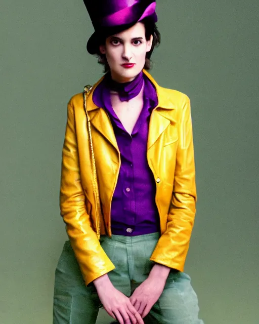 Image similar to photos of young winona ryder wearing a yellow leather jacket, green corduroy pants, a red silk blouse, and purple velvet top hat on her head, photoshoot in the style of annie leibovitz, photorealistic, soft focus, bokeh, 5 0 mm