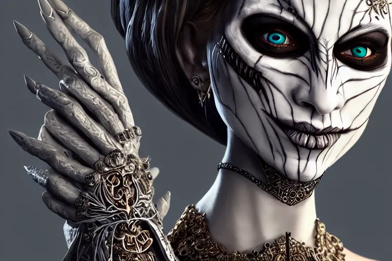 Image similar to a full portrait of a beautiful woman wearing, wearing extremely detailed attire, slim complexity, extremely detailed white eyes, medievil, dnd, extremely detailed, high quality, trending on artstation, photo realistic