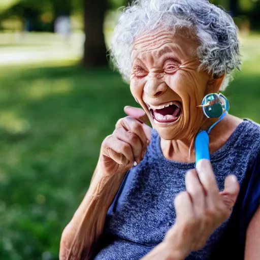 Image similar to ( ( ( an old woman laughing in a park. ) ) ) she has a thin translucent oxygen tubing under her nose!!!