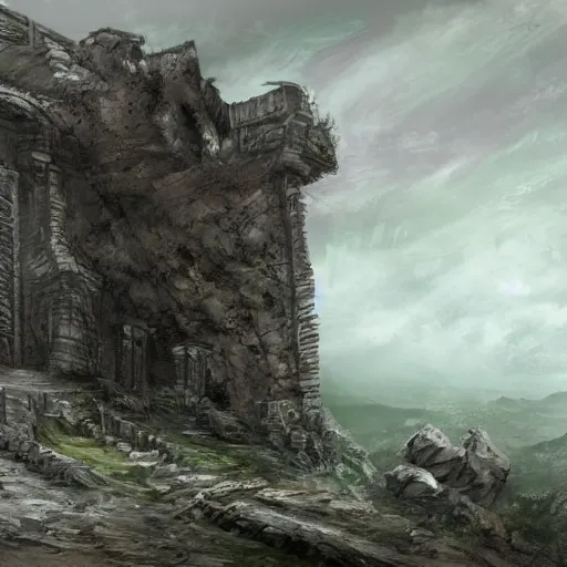 Image similar to ancient ruined city carved into a tall cliff rock, concept art