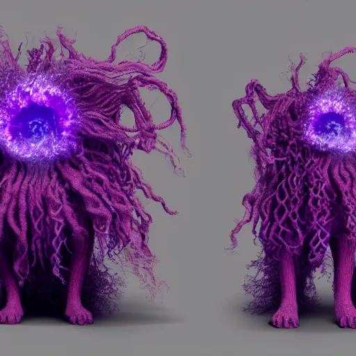 Image similar to a puli made out of tendrils of glowing purple magic, unreal engine, volumetric lighting, artstation